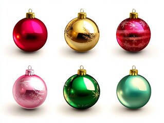 2408 65.A colorful set of Christmas baubles in red, green, gold, and pink, illustrated with a shiny, polished finish. The ornaments are isolated on a white background, making them perfect for holiday