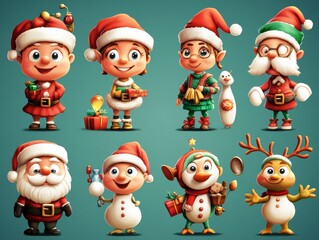 Fototapeta premium 2408 70.A set of playful Christmas and New Year cartoon characters, including Santa Claus, reindeer, elves, and snowmen, all illustrated with vibrant colors and festive expressions. Perfect for