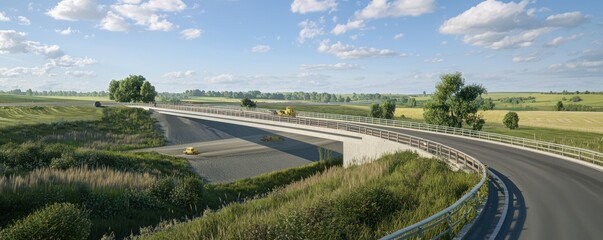 Fototapeta premium Hyper-realistic depiction of a new motorway being constructed through a rural landscape, focusing on bridge building and asphalt laying