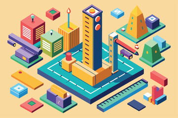 Obraz premium A colorful isometric design features various urban elements and metrics arranged creatively, Customizable isometric illustration with metrics.