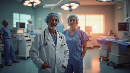 Doktor i pielęgniarka na dyżurze. Bogato wyposażona sala operacyjna. Nowoczesny szpital. Wszyscy zadowoleni po dobrze wykonanej pracy.
