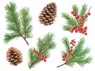 Fototapeta premium 2408 103.A detailed set of pine branches with pine cones and bright red artificial berries isolated on a white background. The combination of the natural green needles and red berries provides a