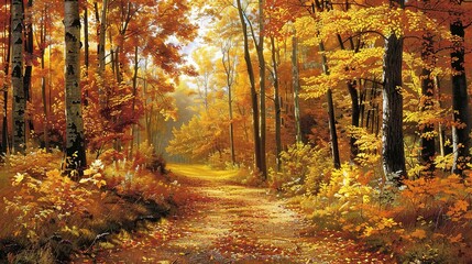 Obraz premium Stunning Natural Autumn Forest Scenery: A Captivating Display of Seasonal Beauty. Explore the Golden Tones and Serene Charm.