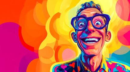 Obraz premium Enthusiastic comic book geek smiling over colorful background