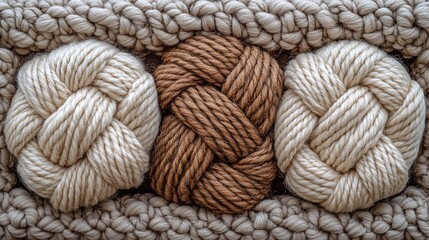 Woven yarn knots with a brown knot in the center, surrounded by two white knots, all framed by a beige crocheted background.
