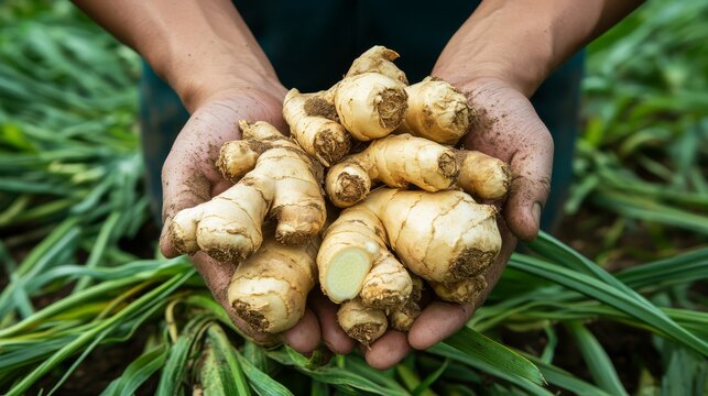 Close-up of hands holding freshly harvested ginger roots in a field, showcasing organic farming and natural produce.