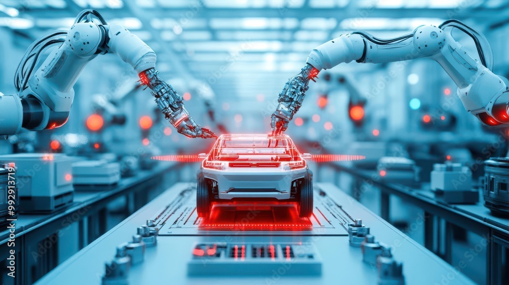 Fototapete an ai system controlling robotic arms assembling a vehicle in a futuristic factory, industrial, gray