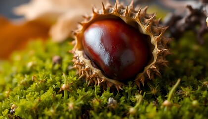 A close-up of a shiny chestnut just beginning to emerge from its spiky husk, nestled on a bed of rich green moss.