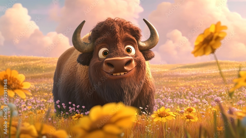 Canvas Prints A cheerful animated buffalo in a vibrant flower-filled meadow under a colorful sky.