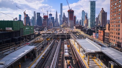 Obraz premium Image of a complex urban transit system expansion, showing new subway stations and extended rail lines under construction in a bustling city