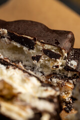 close-up of a piece of cake with nuts and cottage cheese