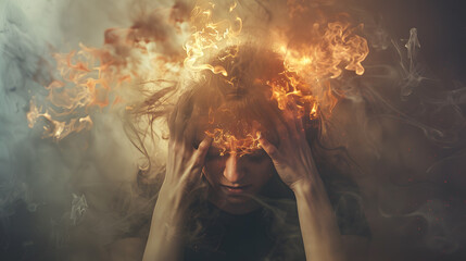 A man with a burning and smoking head as a concept for emotional burnout. AI Generated