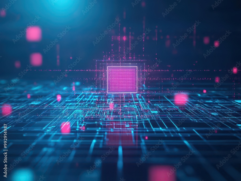Poster artificial intelligence managing a network, futuristic tech, 3d illustration