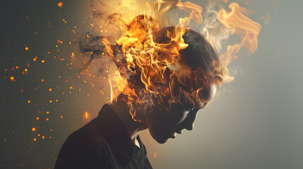 A man with a burning and smoking head as a concept for emotional burnout. AI Generated
