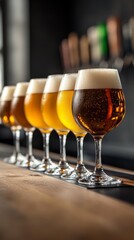 Craft beers lined up on a wooden bar top, showcasing various golden hues and frothy heads in an inviting brewery setting