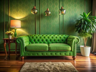 Obraz premium Elegant Green Vintage Sofa with Retro Design in Cozy Living Room Setting for Interior Decor Inspiration