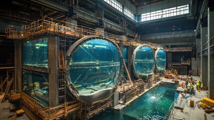 Fototapeta premium Image of a large public aquarium under construction, focusing on the installation of massive water tanks and glass viewing panels