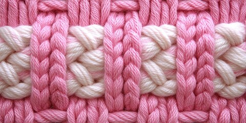 A closeup view of pink and white yarn woven together in a complex pattern, showcasing the intricate details of the fabric