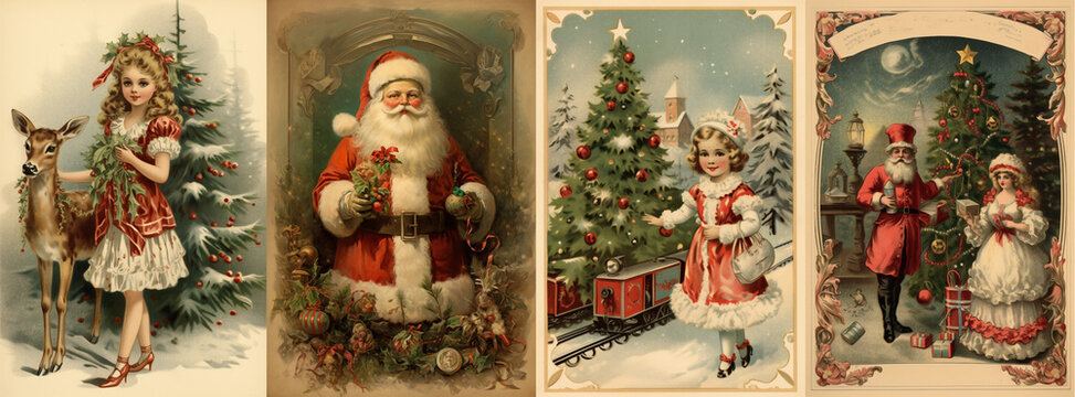 Set of vintage antique style Christmas and holiday greeting cards, Santa Claus, ephemera girls and Chrismas tree illustration