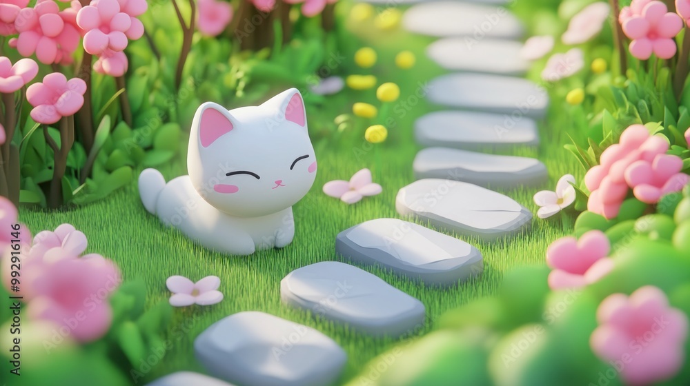 Canvas Prints A cute white cat in a vibrant garden with pink flowers and stone path.