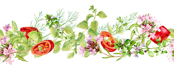 Seamless pattern with kitchen herbs. Rosemary, thyme, chili, bay leaf, cilantro, parsley, paprika. Watercolor botanical illustration. Spices of India, composition on white background.