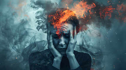 A man with a burning and smoking head as a concept for emotional burnout. AI Generated