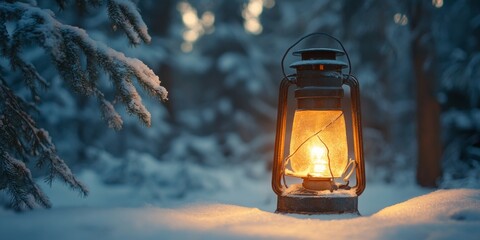 A warm glow radiates from a vintage lantern in a snowy forest. The tranquil scene captures the essence of winter wonder. Ideal for cozy or outdoor themes. AI