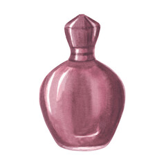Perfume bottle dark purple color. Elegant fragrance spray in glass vesel. Hand drawn watercolor illustration isolated. Stylish luxury accessory of women's closet. Clipart for sticker, card, website