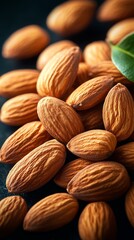 Fototapeta premium Close-up of whole brown almonds with textured shells on a dark background, emphasizing the natural and nutritious quality of the nuts.