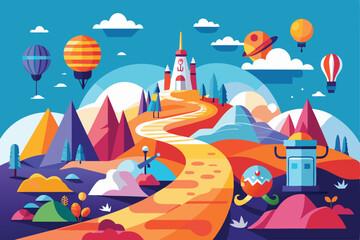 Explore a vibrant landscape with a winding path leading to a majestic castle and floating hot air balloons, Customizable journey illustration with disproportionate elements.