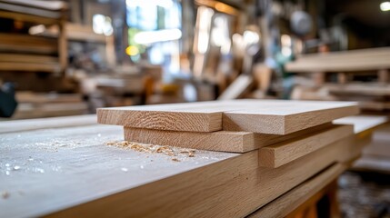 Close-up of wooden planks in a carpentry workshop, highlighting craftsmanship and woodworking tools in the background.