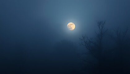 A dense, foggy forest under a full moon, with autumn trees silhouetted in the background.