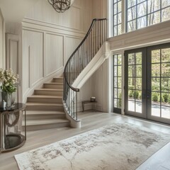 Elegant foyer featuring a curved staircase and large windows, inviting natural light.