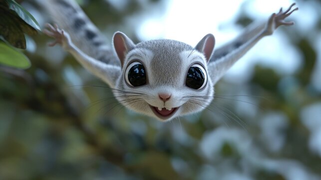 A cheerful animated squirrel soaring through the air with a joyful expression.