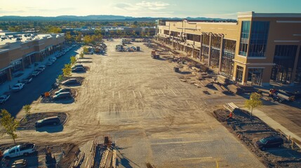 Image of a massive outdoor shopping center under construction, capturing the architectural style and the large parking areas being paved