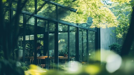 Fototapeta premium A modern glass building surrounded by greenery, with a person working inside.