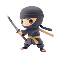 A cartoon ninja in black clothing holds a silver katana sword and stares ahead with determination.