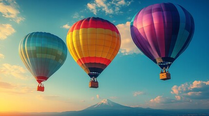 Fototapeta premium A colorful trio of hot air balloons gracefully ascend against a backdrop of a vibrant blue sky and soft, fluffy clouds.