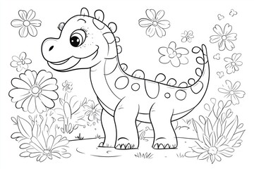 Coloring Page: A smiling dinosaur surrounded by large, simple flowers