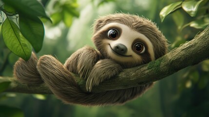 Fototapeta premium A cute sloth resting on a branch in a lush forest setting, conveying a sense of tranquility.