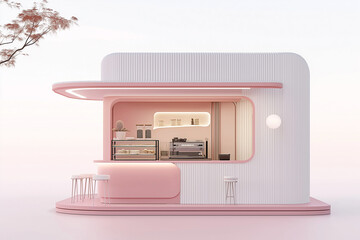 Coffee sampling and selling booth, Coffee shop design, Cute pastel Kiosk design, Food cart design