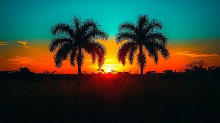 Silhouettes of Two Palm Trees Framed by a Fiery Sunset, a Tropical Paradise at Twilight