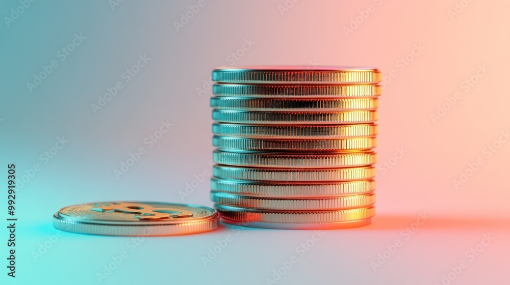 Wall mural A stack of shiny coins with a single coin beside it, illuminated in a colorful gradient.