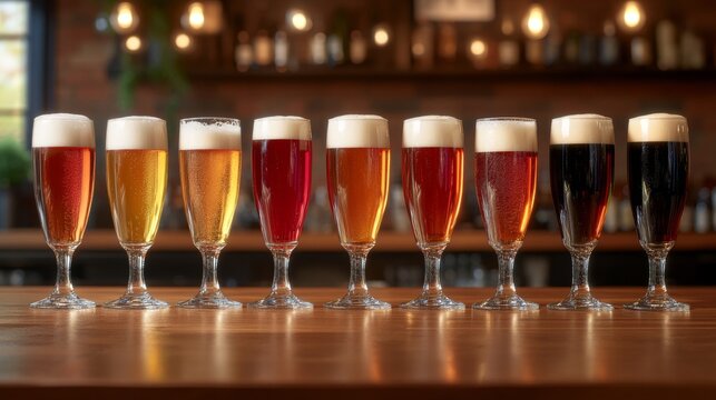 A colorful display of craft beers on a wooden bar top in a cozy brewery during the evening
