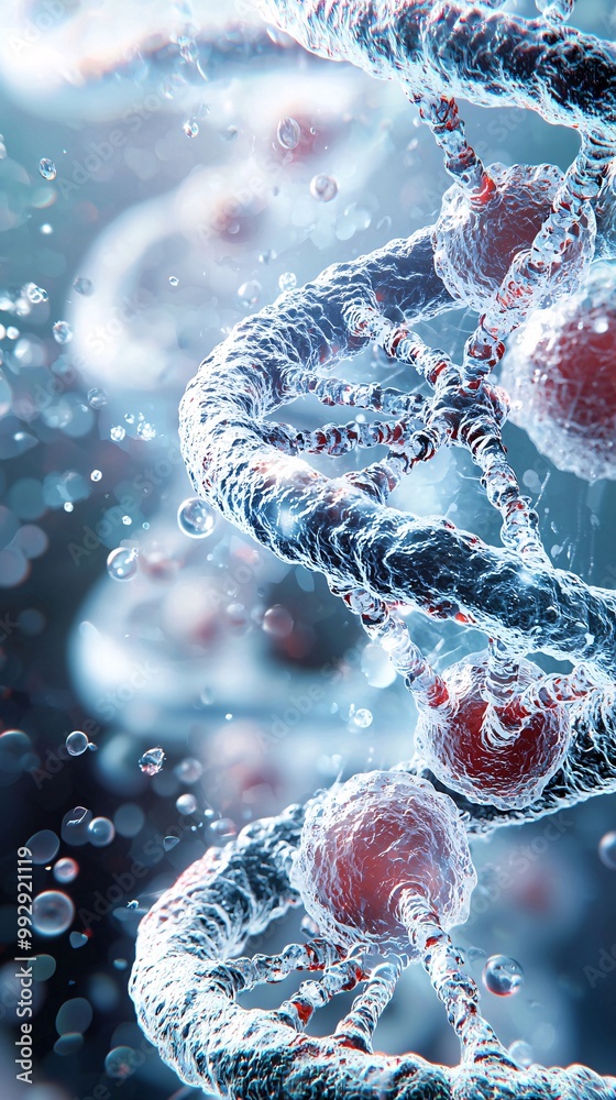 Poster a close-up view of dna helix structures next to human oocytes, representing the inheritance of gener