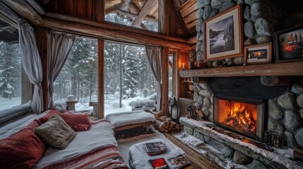 Cozy cabin in the snowy highlands with a rustic stone fireplace and snowy landscape outside