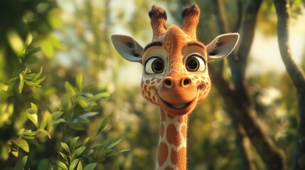 A cheerful animated giraffe with big eyes and a friendly smile in a lush green environment.
