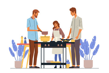 Family cooking together outdoor scene colorful plants. Three people standing at a grill cooking food with utensils and pots potted plants in background