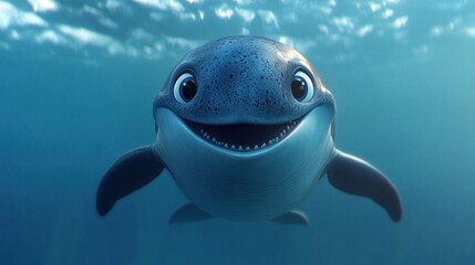 A cheerful cartoon dolphin swimming underwater, showcasing a friendly expression.