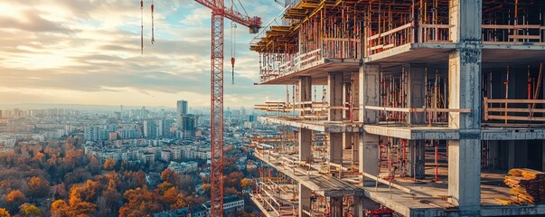 Image of a new high-rise apartment complex under construction, showing the framework and cranes against a city backdrop